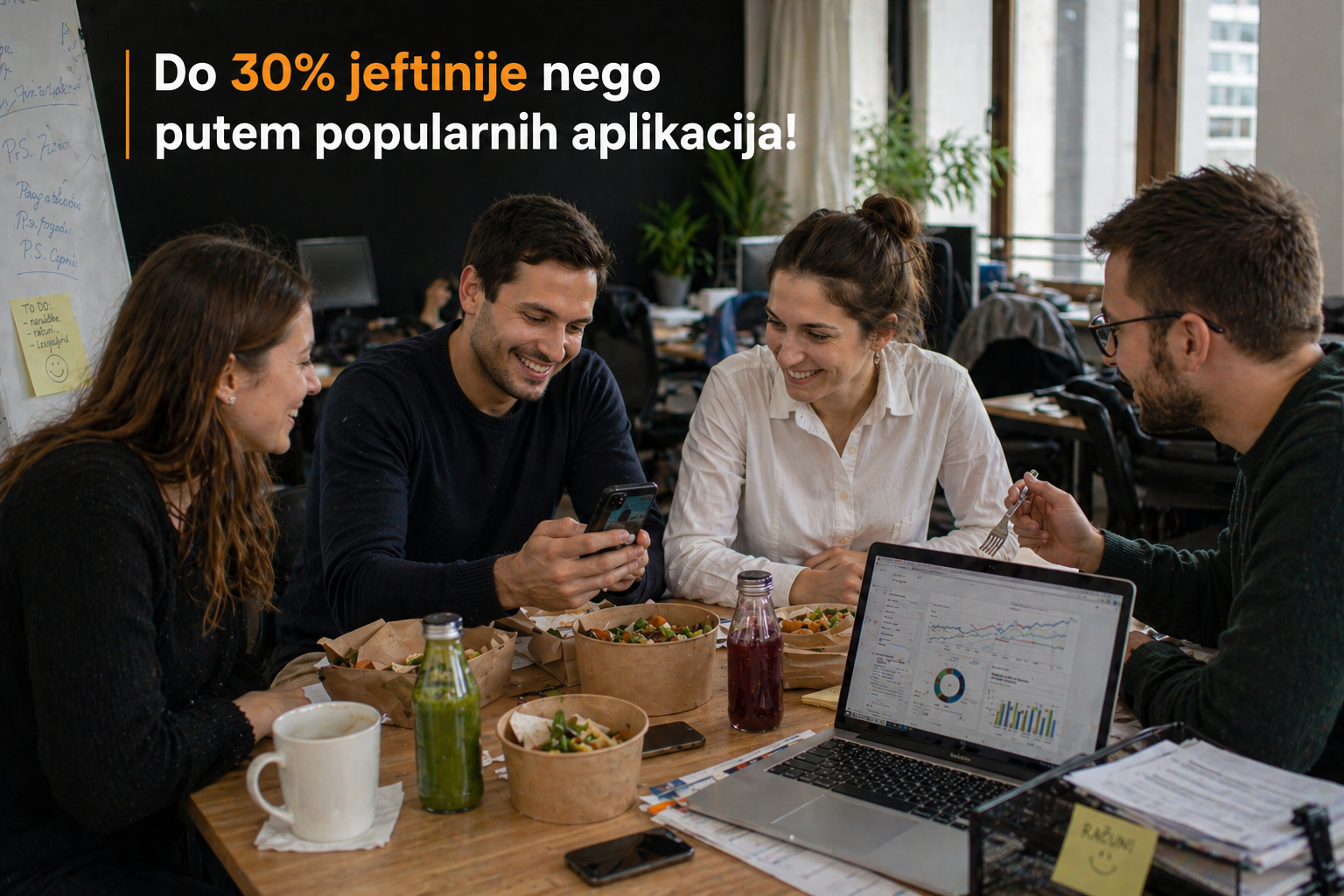 Tim naručuje ručak preko Office Bite aplikacije — do 30% jeftinije